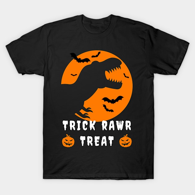 Trick Rawr Treat Halloween, Skeleton T-Rex, Bats and Pumpkins T-Shirt by apparel.tolove@gmail.com